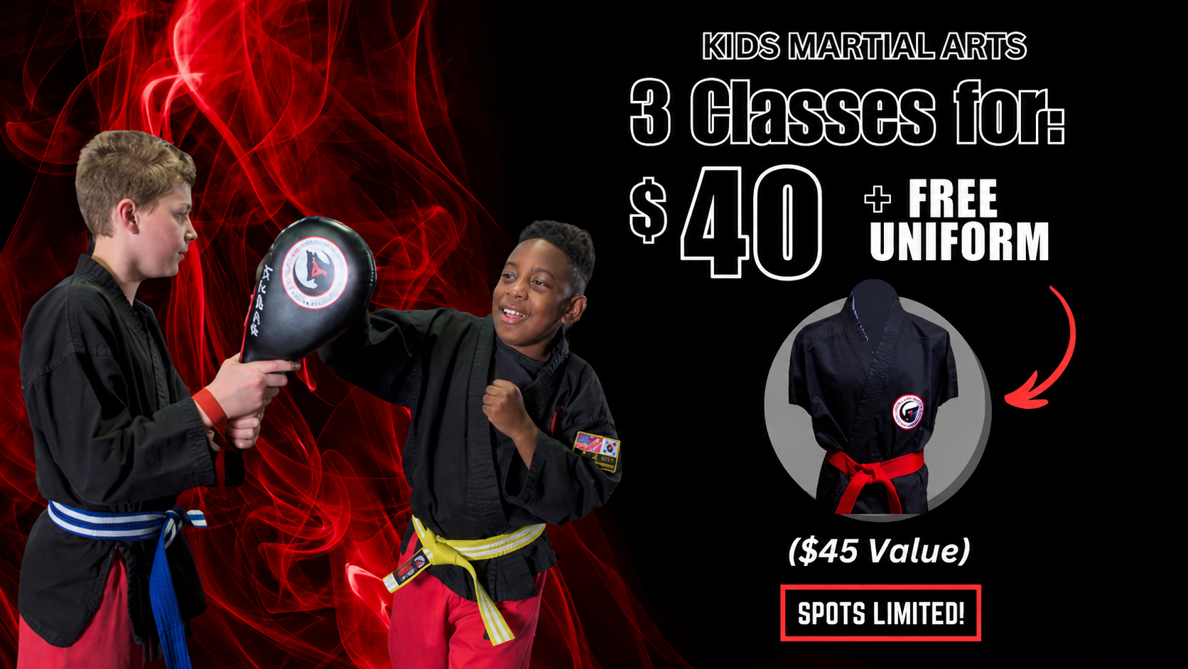Two young boys are practicing martial arts for $ 20.