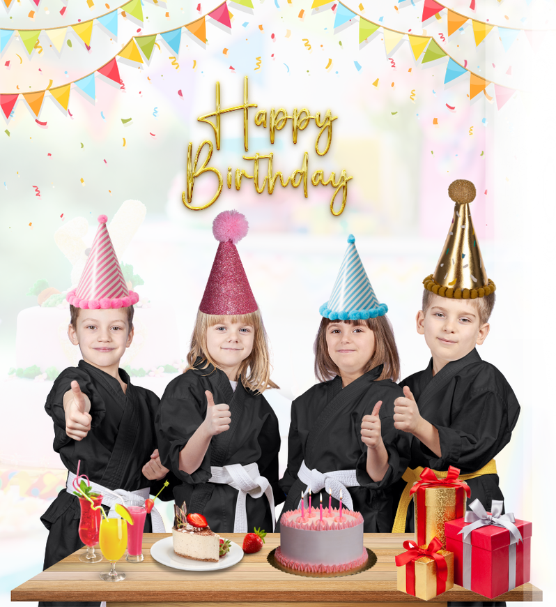 A group of children wearing party hats are standing around a table with a cake and gifts.