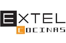 Logotipo para Extel Cocinas: texto negro y naranja, un cuadrado negro con una