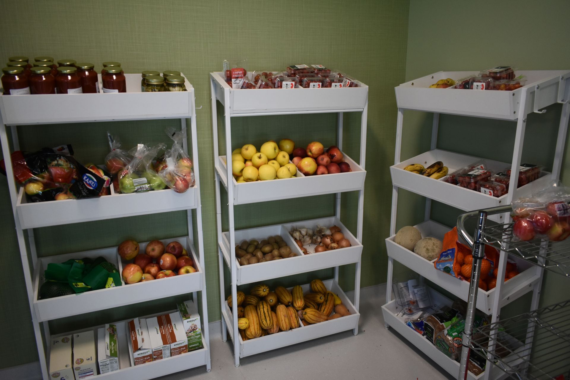 Shelves of assorted fruit and jars in a pantry or storage room, neatly organized by type