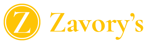 Zavory’s logo in gold with a stylized “Z” inside a circle and the brand name in script.