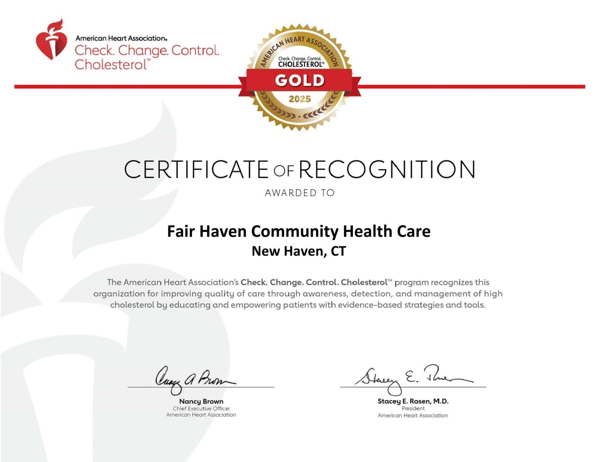 Certificate of recognition for Fair Haven Community Health Care, New Haven, CT.