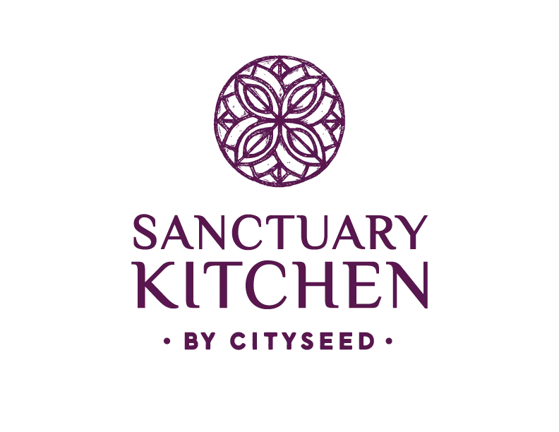 Purple Sanctuary Kitchen by CitySeed logo with circular floral emblem