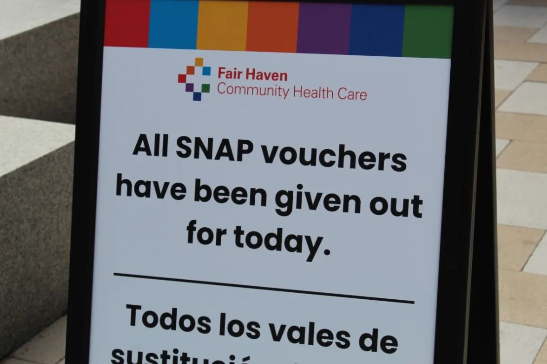 Sign at Fair Haven Community Health Care says all SNAP vouchers have been given out for today.