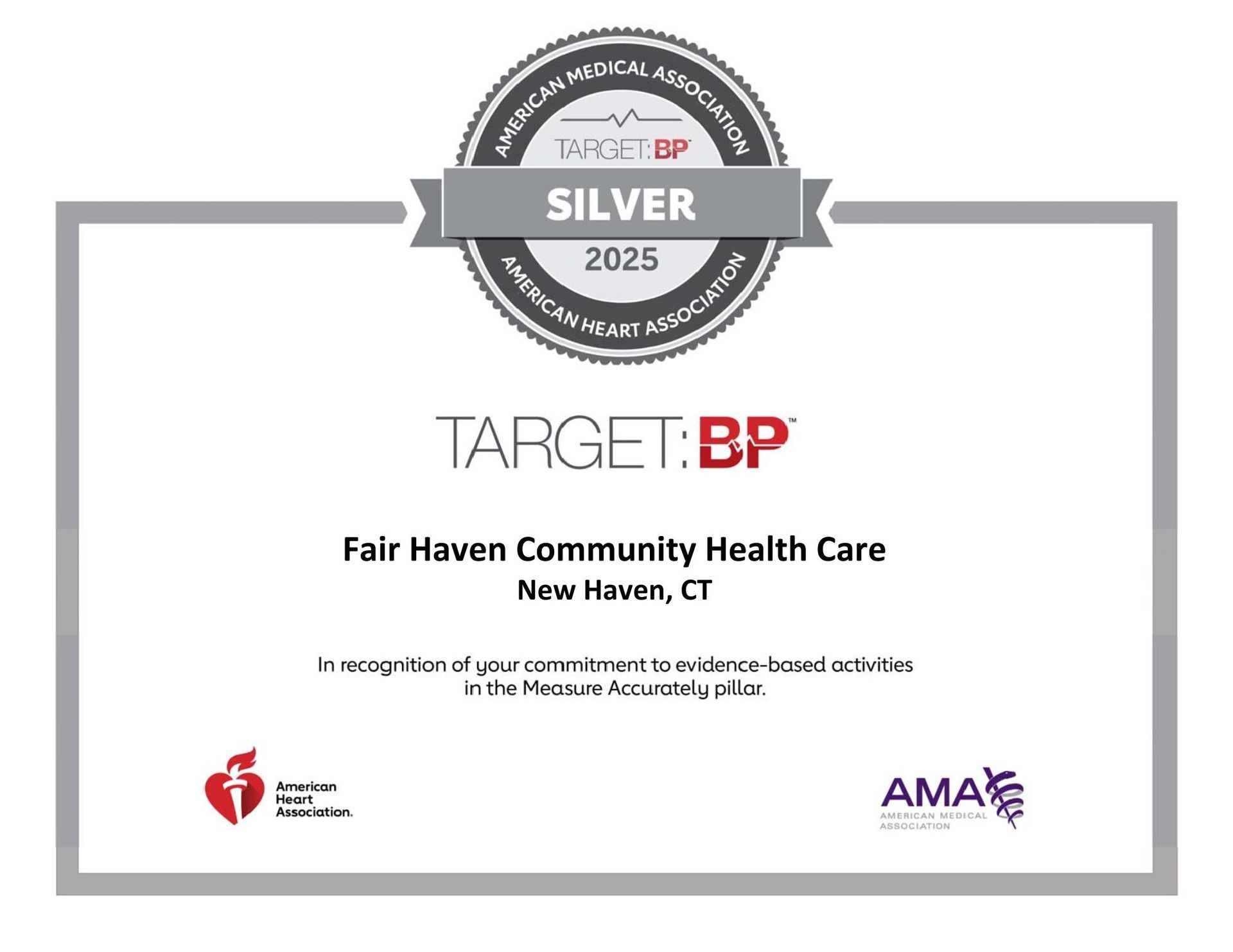 Target BP Silver 2025 recognition certificate for Fair Haven Community Health Care, New Haven, CT.