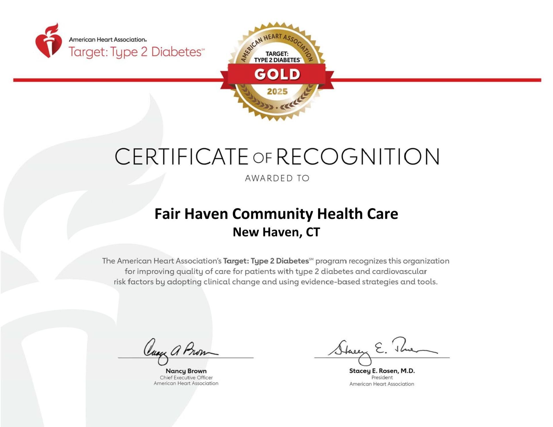 Gold award certificate for Fair Haven Community Health Care in New Haven, CT, on a white background