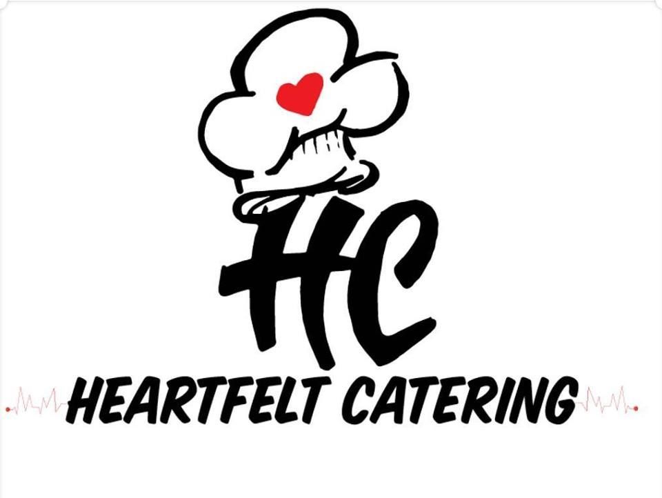 Heartfelt Catering logo with a chef hat, red heart, and black stylized lettering on a white background