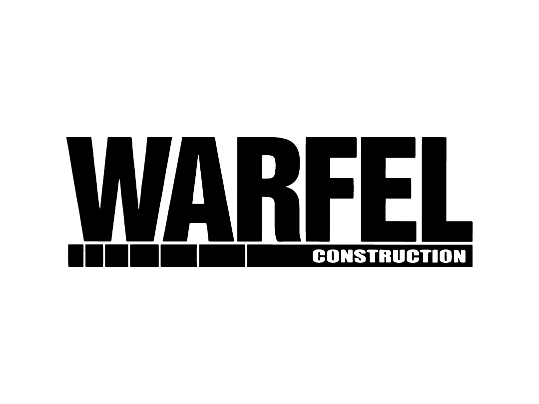 The Warfel Construction company logo in black text on a white background with a graphic bar below the letters.
