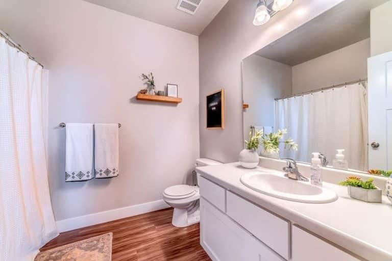 A Bathroom with A Toilet, Sink, Mirror and Shower Curtain — Inovative Interiors In Cardiff, NSW