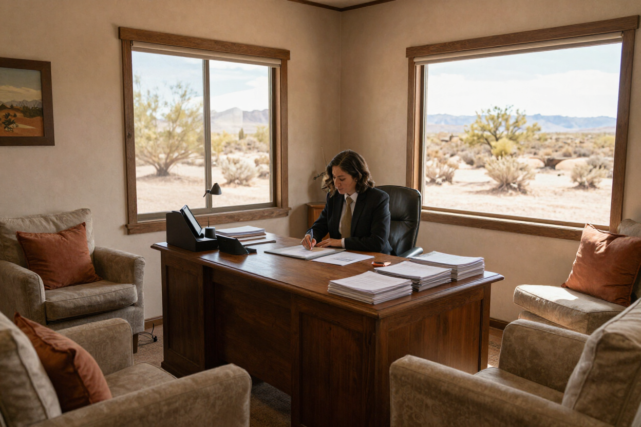 Person working at a wooden desk in a sunlit office with desert views through large windows