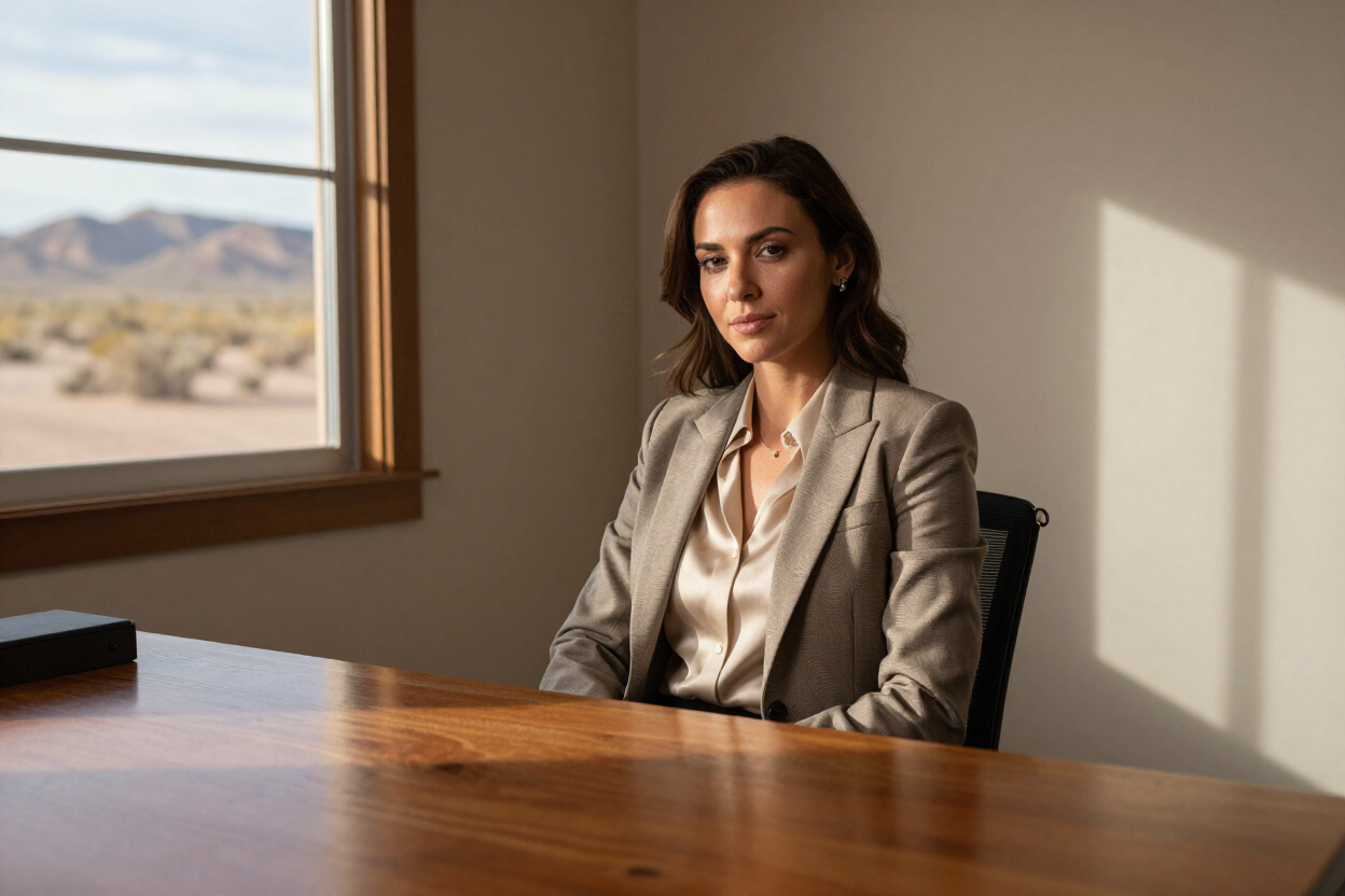 Woman in a beige suit seated at a wooden desk by a sunlit window with a desert view.