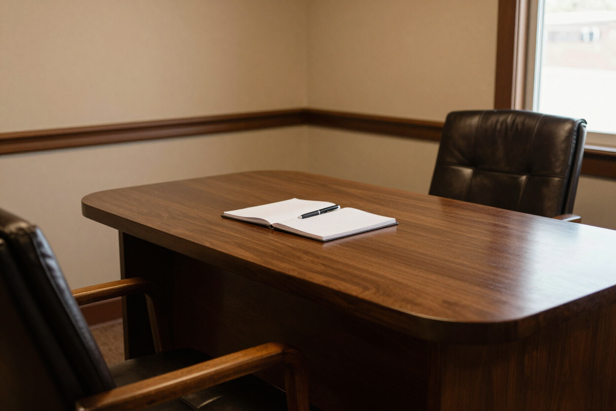 Small conference room with wooden table, two black chairs, and a notebook on the desk.