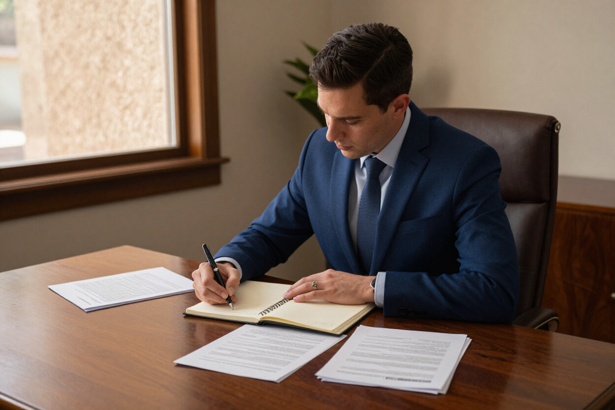 Man in a blue suit writing in a notebook at a wooden desk in an office