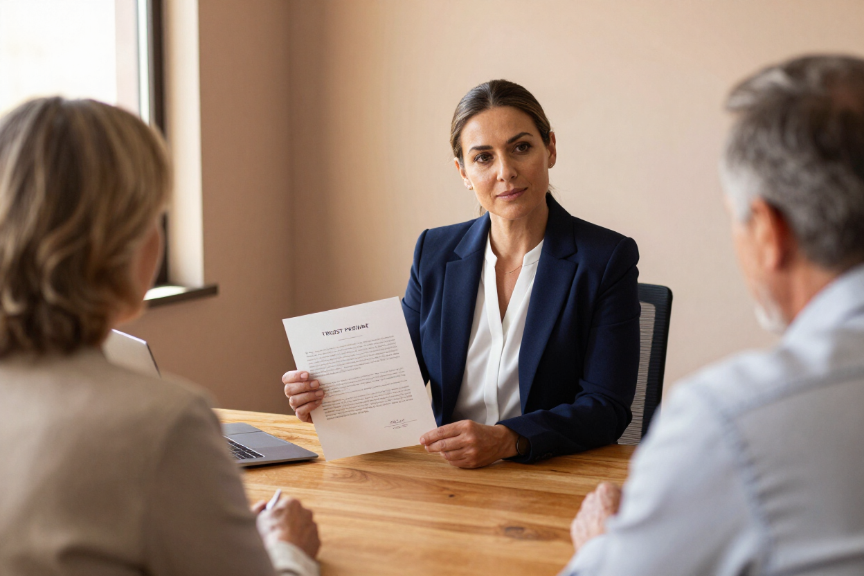 Business meeting in a conference room, with a woman in a navy blazer presenting a document to two colleagues.
