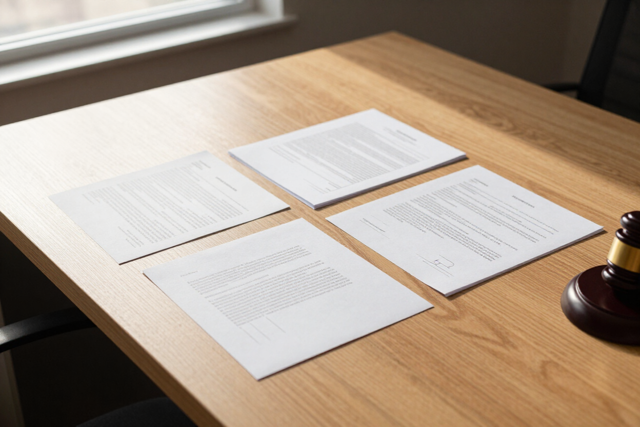 Documents spread on a wooden desk beside a window, with a judge’s gavel at the edge.