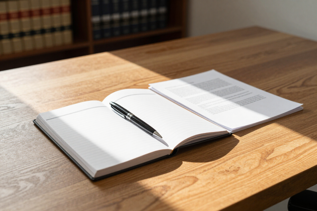 Open notebook with pen on a sunlit wooden table, beside a stack of papers and books.