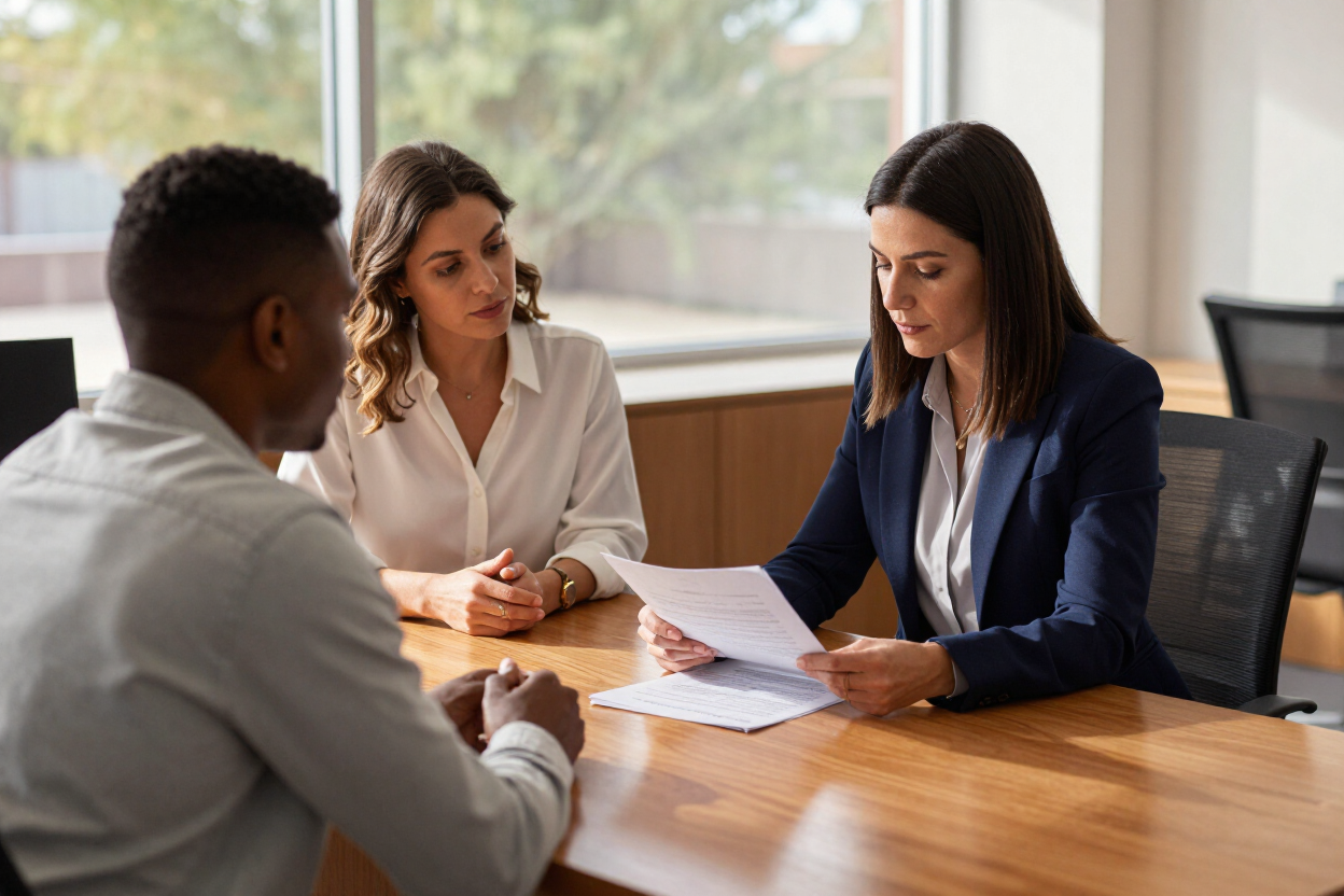 Three people in a meeting, reviewing documents at a wooden table in a bright office.
