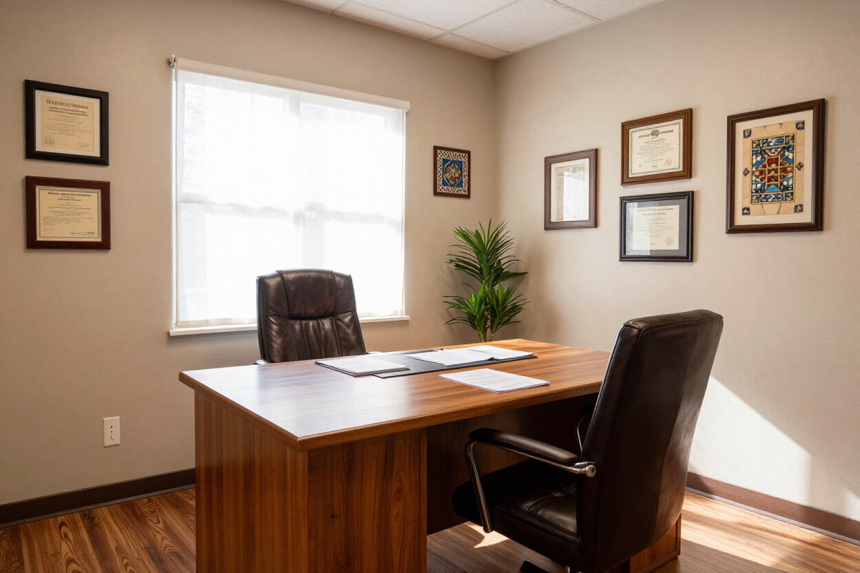 Small office with wooden desk, two chairs, framed certificates, and a bright window.