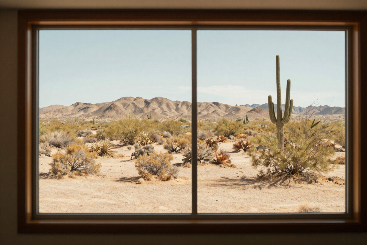 Desert landscape with cacti and mountains seen through a window frame
