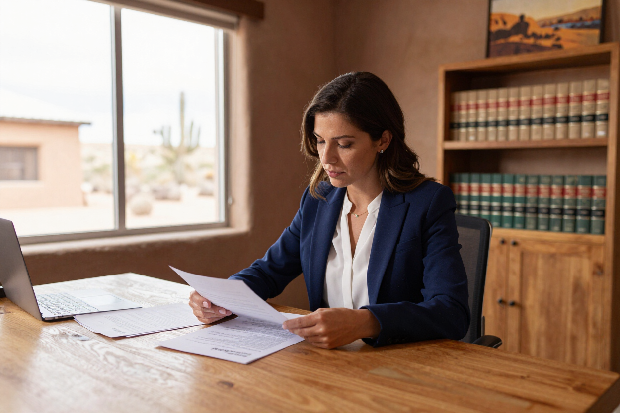 Woman in a blue blazer reviewing documents at a wooden desk in an office