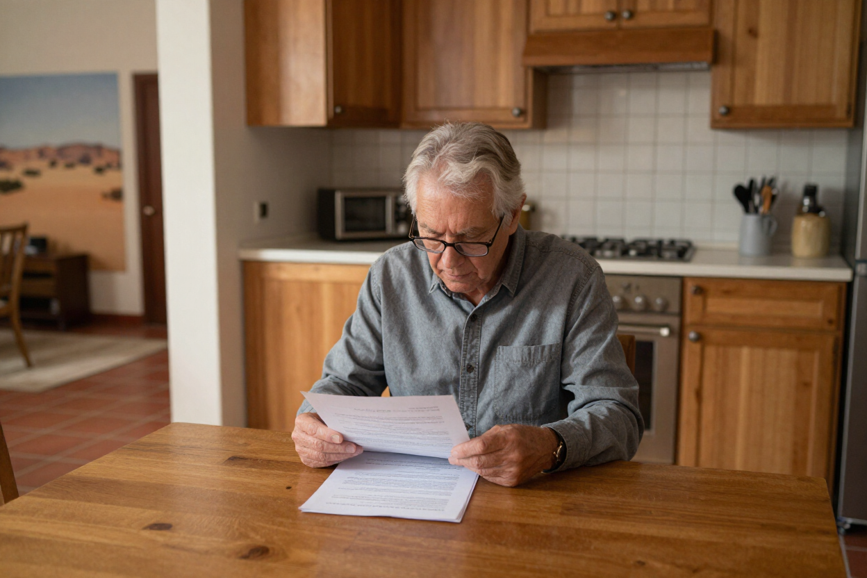 Man in a gray shirt reading papers at a wooden kitchen table in a home kitchen
