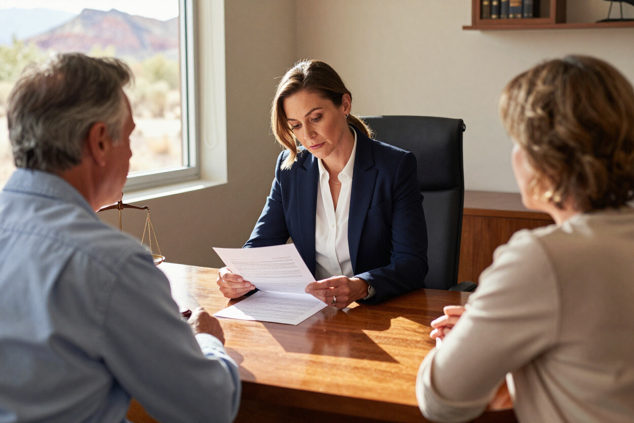 Three people in a meeting at a wooden desk, with one woman reviewing papers in an office.