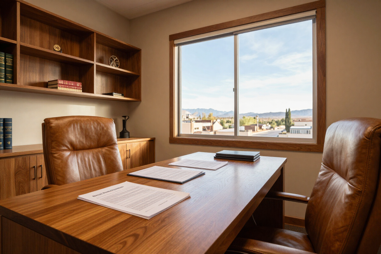Wooden office with leather chairs, desk, bookshelves, and a window view of rooftops and hills.