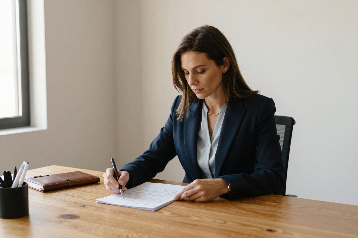 Woman in a navy blazer writing on paper at a wooden desk near a window