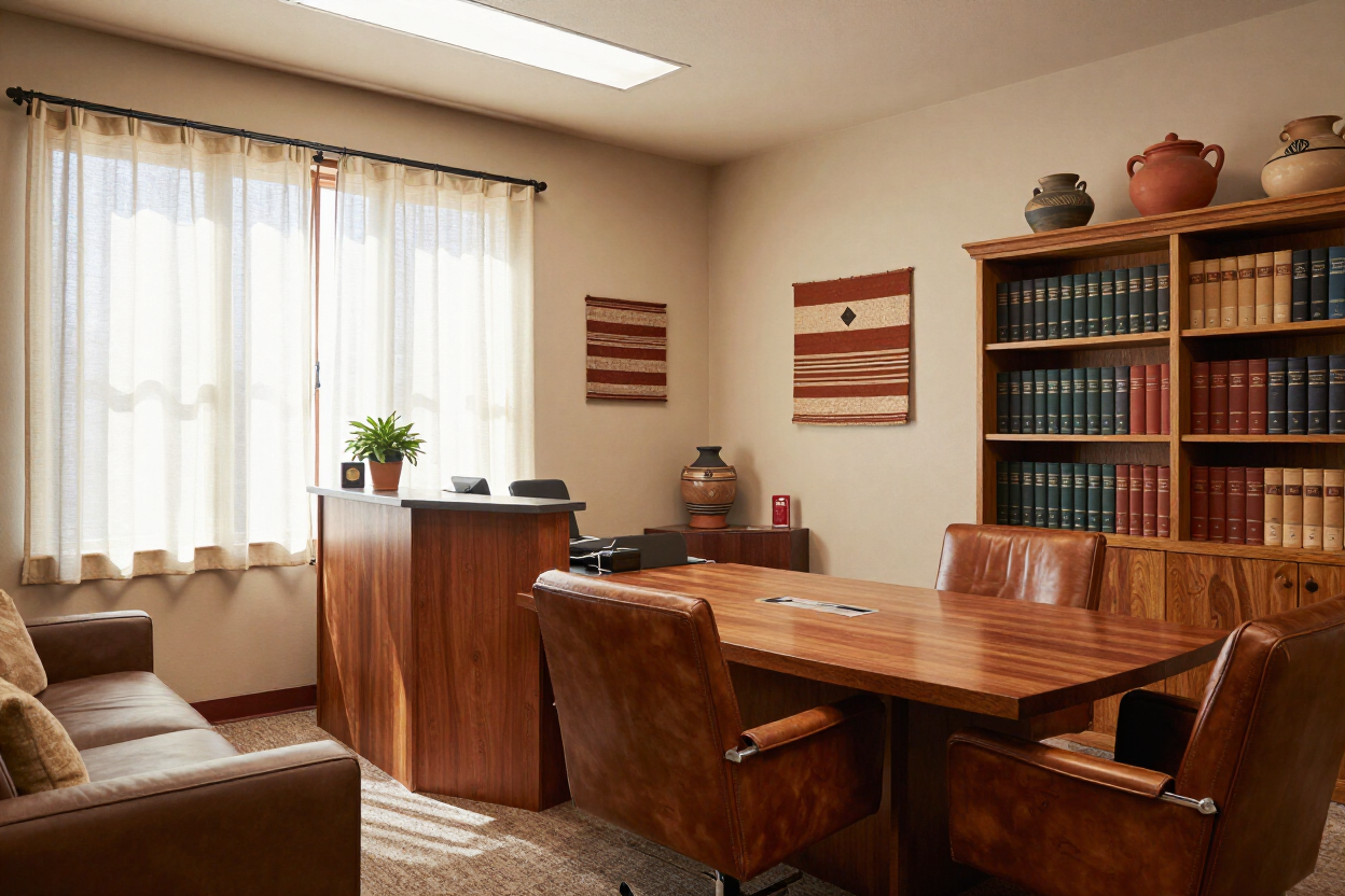 Cozy living room with wooden dining table, bookshelf, sofa, and sunlit window with curtains