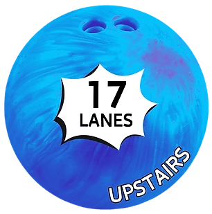 Blue bowling ball marked “17 LANES” and “UPSTAIRS” in white text
