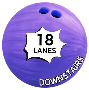 Purple bowling ball with “18 Lanes” and “Downstairs” text