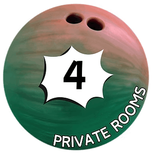 Bowling ball graphic with the number 4 and the words “PRIVATE ROOMS”