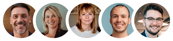 Five smiling headshots of diverse people in circular frames on a light background