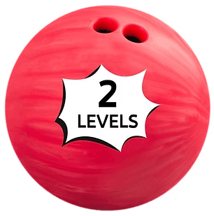 Red bowling ball with two finger holes and a label reading