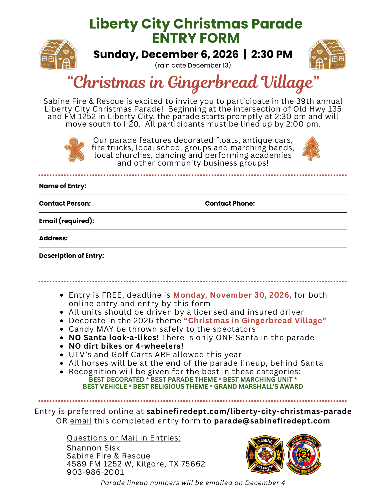 Liberty City Christmas Parade entry form for “Christmas in Gingerbread Village,” with event details and notes