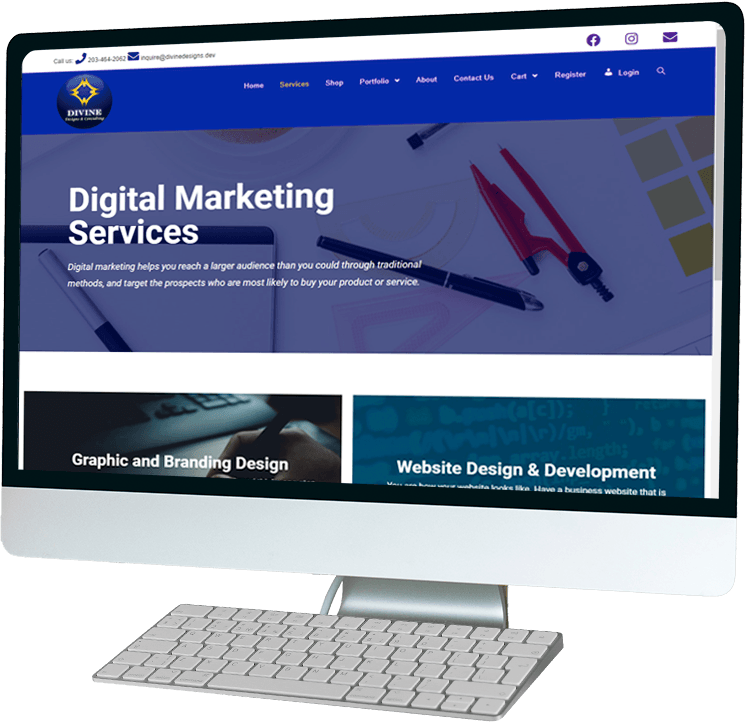 Image of a desktop displaying the Devine Design Consulting website homepage Image of a desktop displaying the Devine Design Consulting website homepage