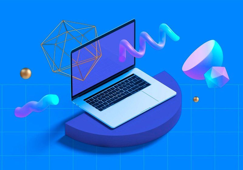 Image of a laptop with a floating shapes