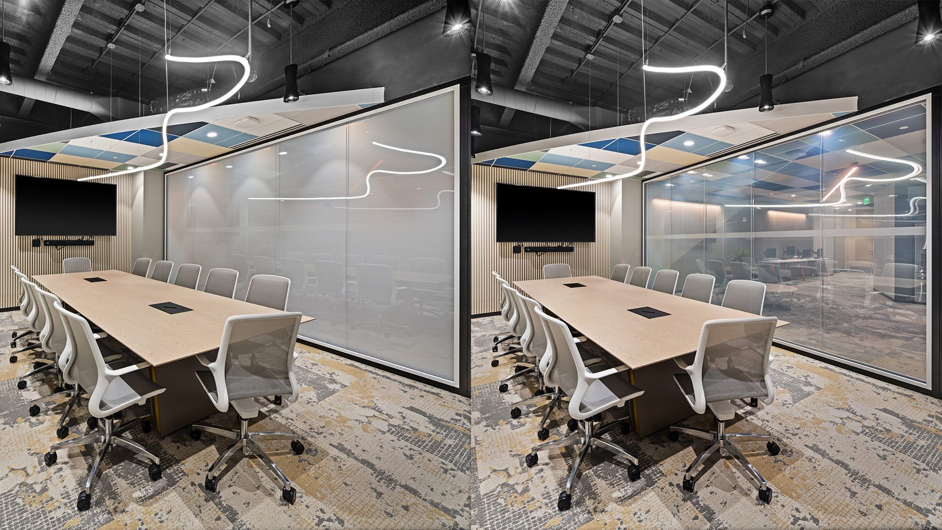 Split-view of a modern conference room showing a smart glass wall transitioning from opaque white to clear glass.