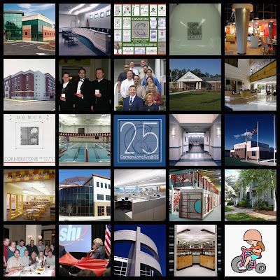 A collage featuring corporate office buildings, interior workspaces, group photos, a pool, and a 25th-anniversary logo.