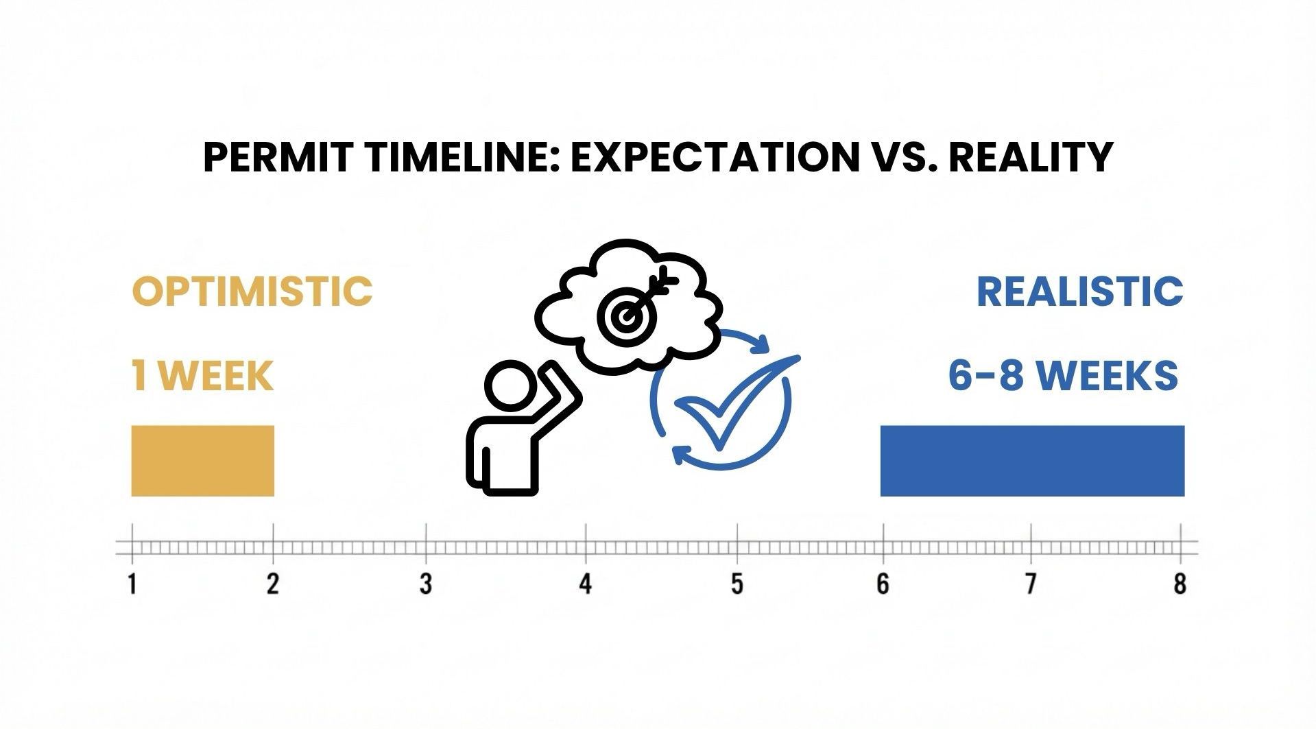 Permit timeline chart: optimistic 1 week vs realistic 6–8 weeks, with progress icons and a clock.