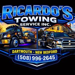 Ricardo’s Towing Service Inc. logo with tow trucks, Dartmouth–New Bedford, and phone number (508) 996-2645