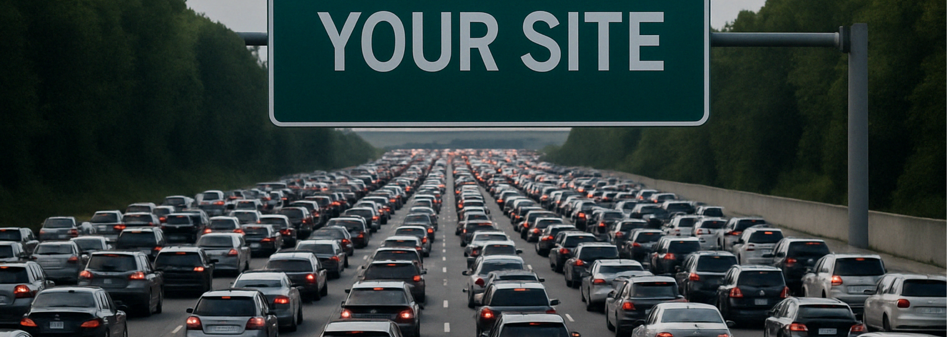 Traffic jam on a highway with a green sign reading “YOUR SITE” above the lanes