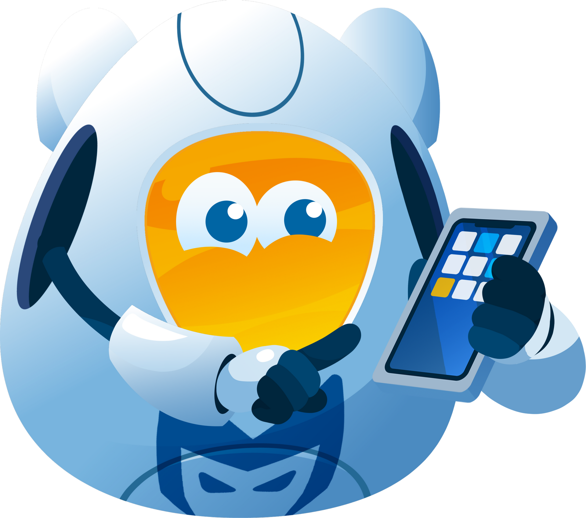 Cartoon robot with a yellow face holding a smartphone and a tablet