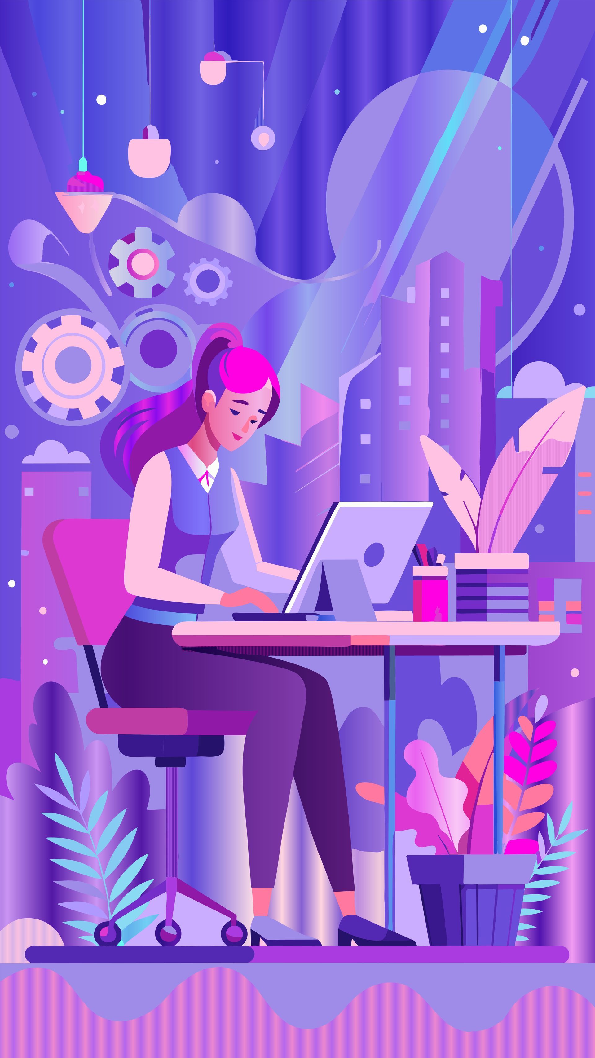Person working at a desk in a purple-toned office with laptop, plants, and gear icons in the background