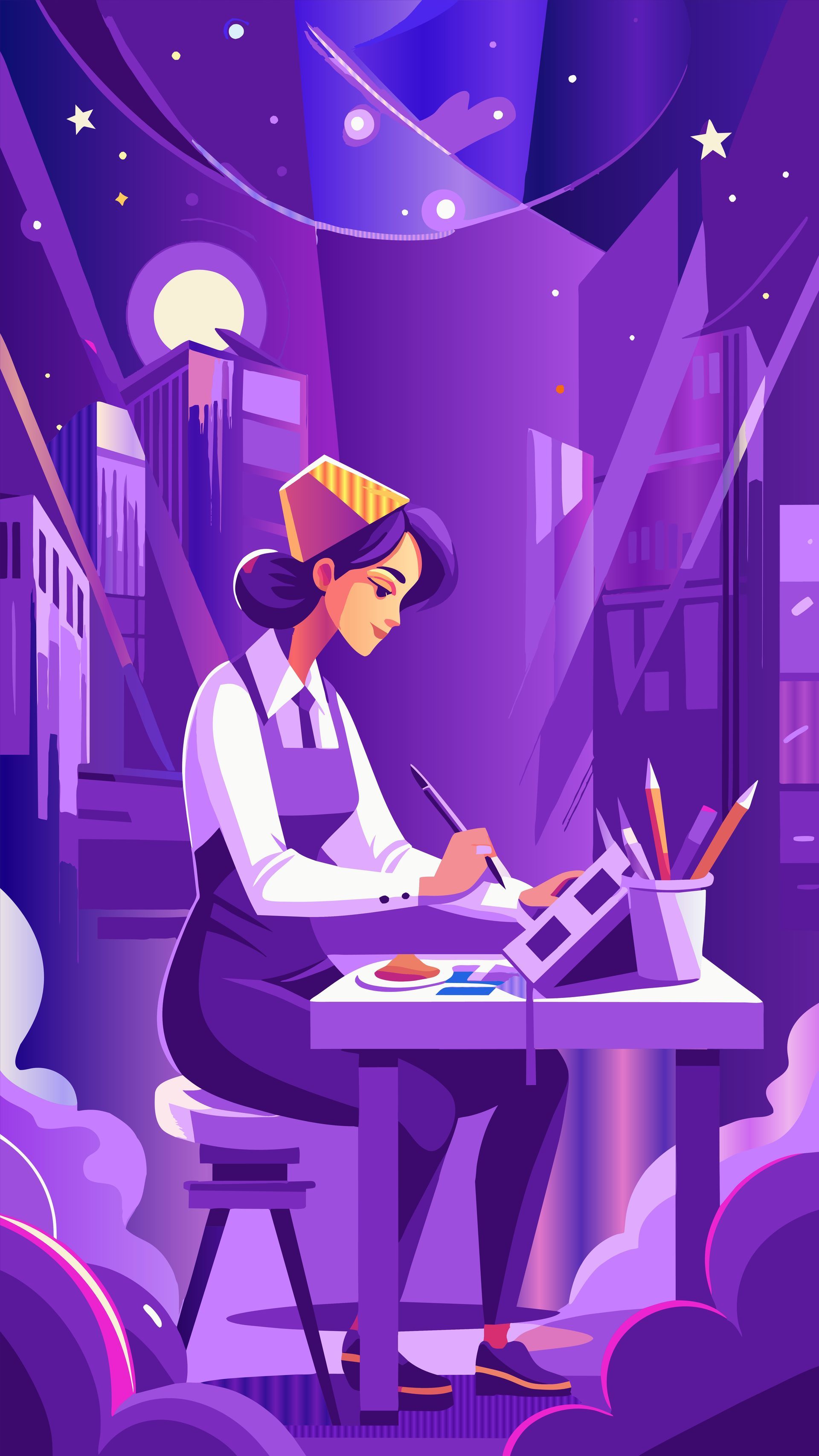 Artist painting at a desk in a purple-lit studio, surrounded by glowing lamps and art supplies.