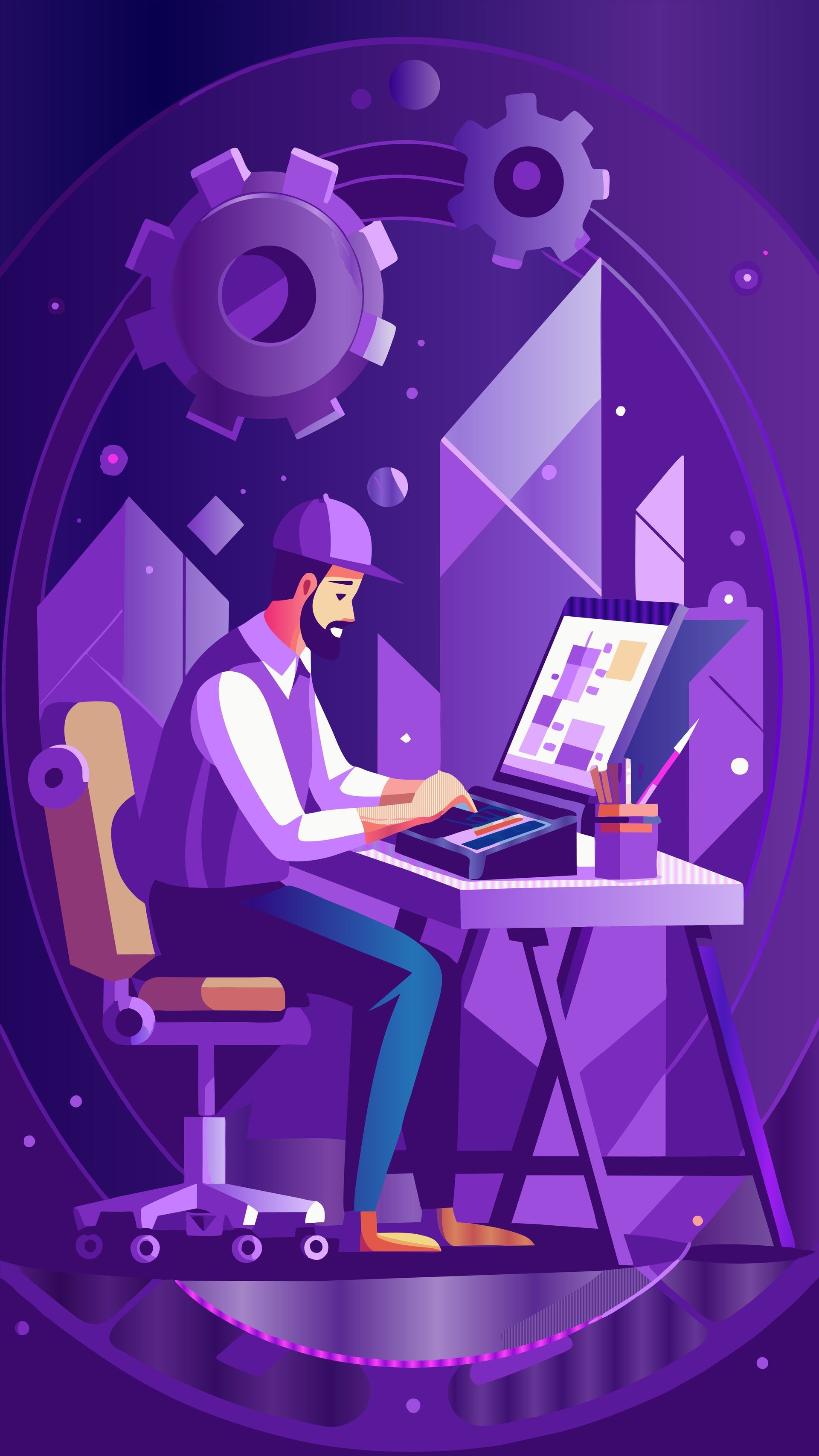 Man working at a desk with monitors in a purple tech-themed room with gears and glowing geometric shapes