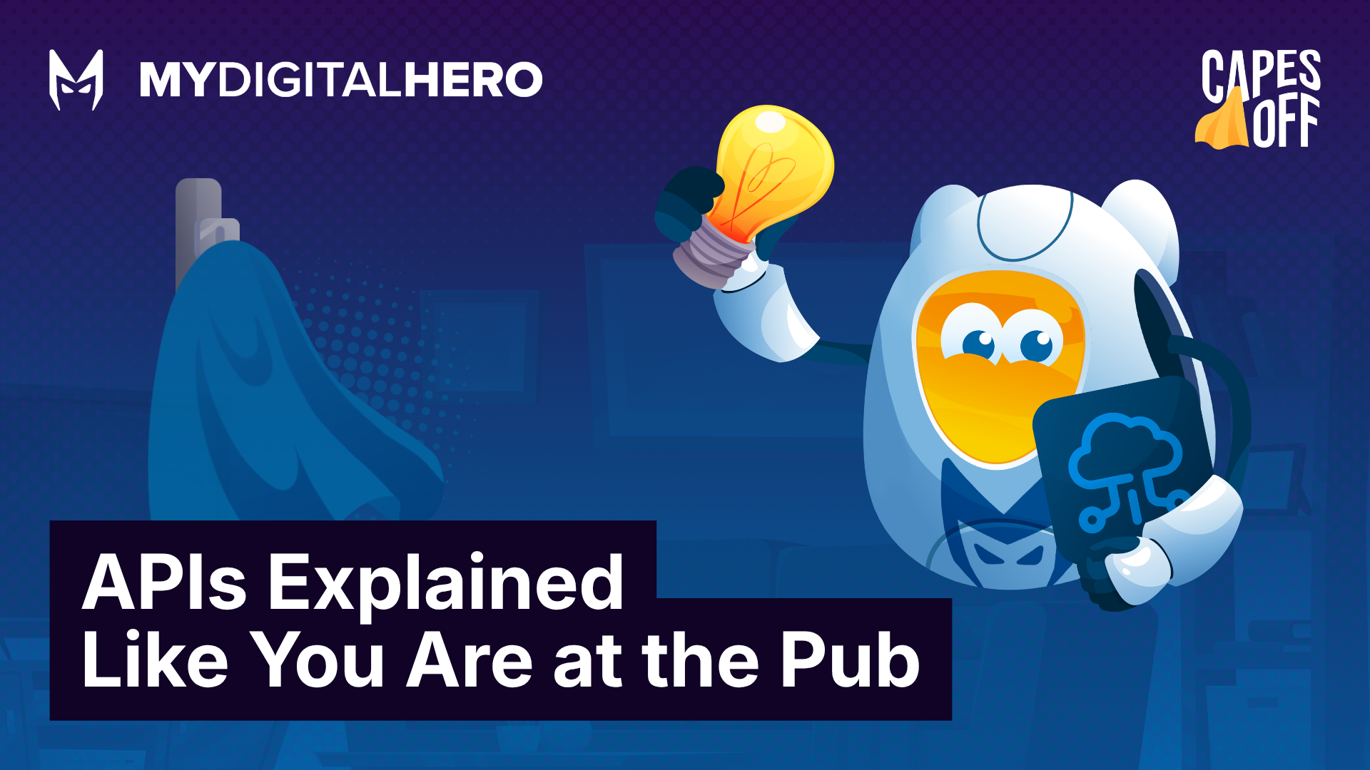 Cartoon purple pub scene with a chef holding a lightbulb and the title “APIs Explained Like You Are at the Pub”