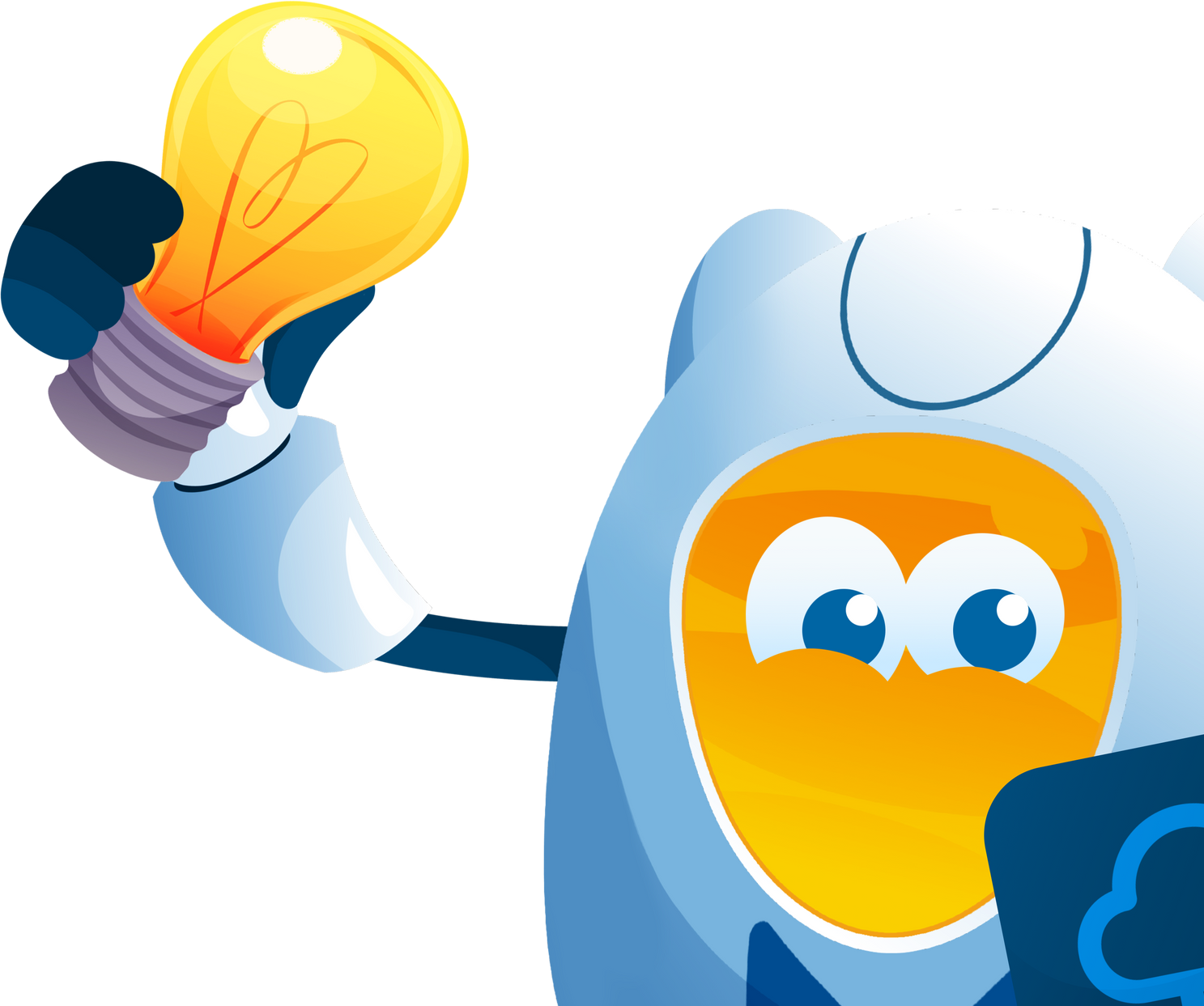 Cartoon robot holding up a glowing light bulb with a cheerful face