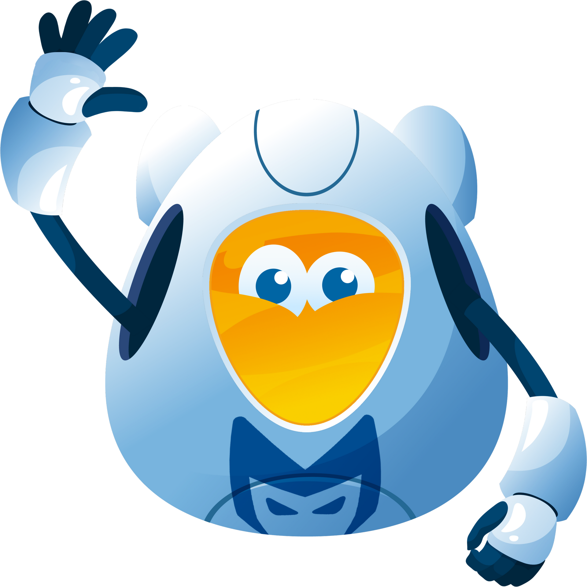 Smiling cartoon developer with glasses behind a purple laptop, raising one hand
