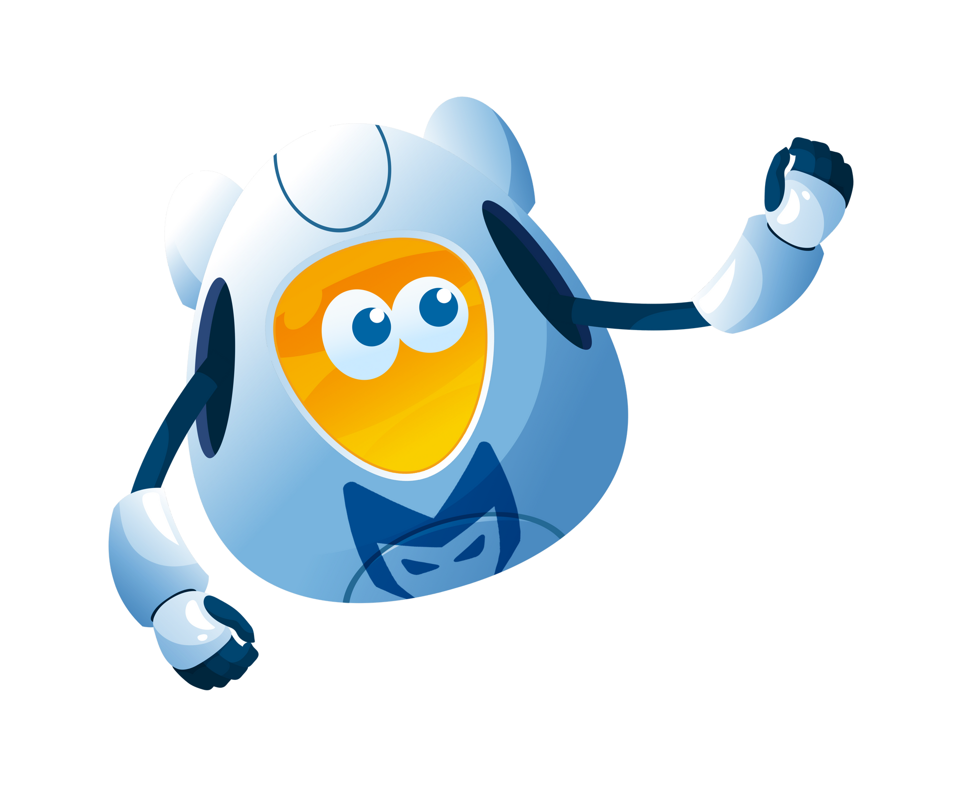 Cartoon blue robot with orange face, raised arm, and a friendly smile on a white background